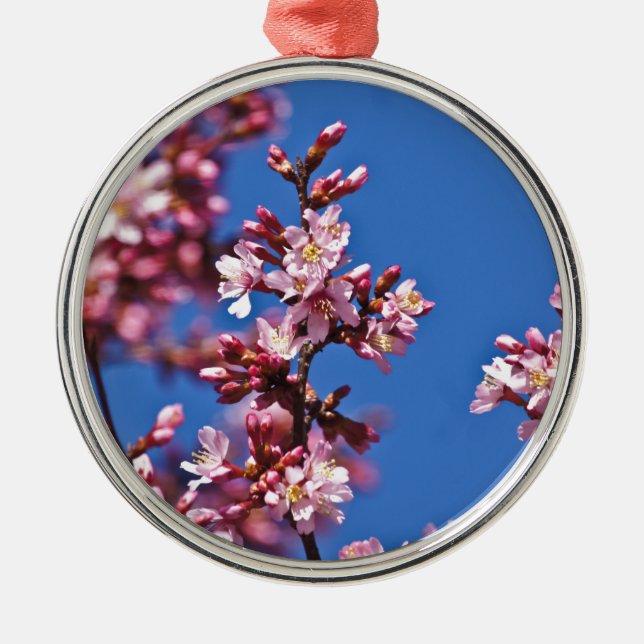 Sakura Cherry Blossoms Touching Blue Metal Tree Decoration (Front)