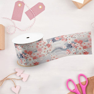 Sakura Floral Navy Waves Satin Ribbon