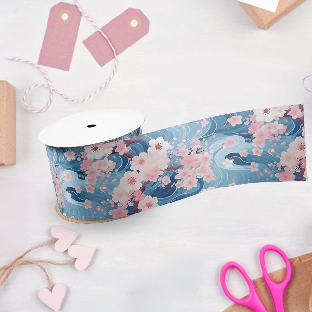 Sakura Floral Navy Waves Satin Ribbon (Creator Uploaded)