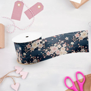 Sakura Floral Navy Waves Satin Ribbon