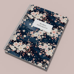 Sakura Floral Wavy Lines Monogram Notebook