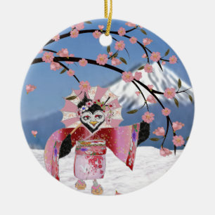 Sakura Geisha Bird in the Snow Cherry Blossoms Ceramic Tree Decoration
