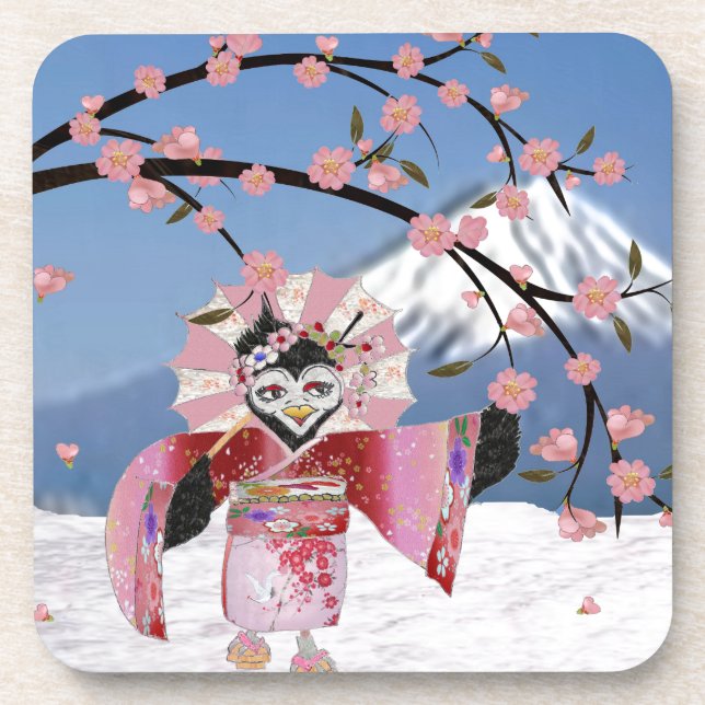 Sakura Geisha Bird in the Snow Cherry Blossoms Coaster (Front)