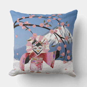 Sakura Geisha Bird in the Snow Cherry Blossoms Cushion
