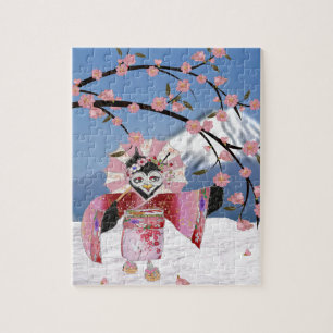 Sakura Geisha Bird in the Snow Cherry Blossoms Jigsaw Puzzle