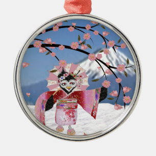 Sakura Geisha Bird in the Snow Cherry Blossoms Metal Ornament