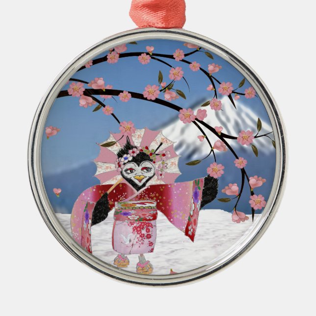 Sakura Geisha Bird in the Snow Cherry Blossoms Metal Ornament (Front)