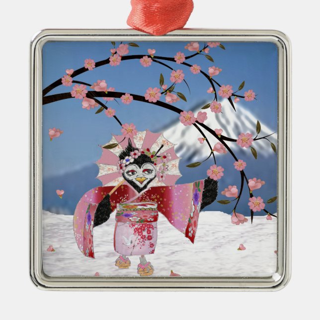 Sakura Geisha Bird in the Snow Cherry Blossoms Metal Ornament (Front)