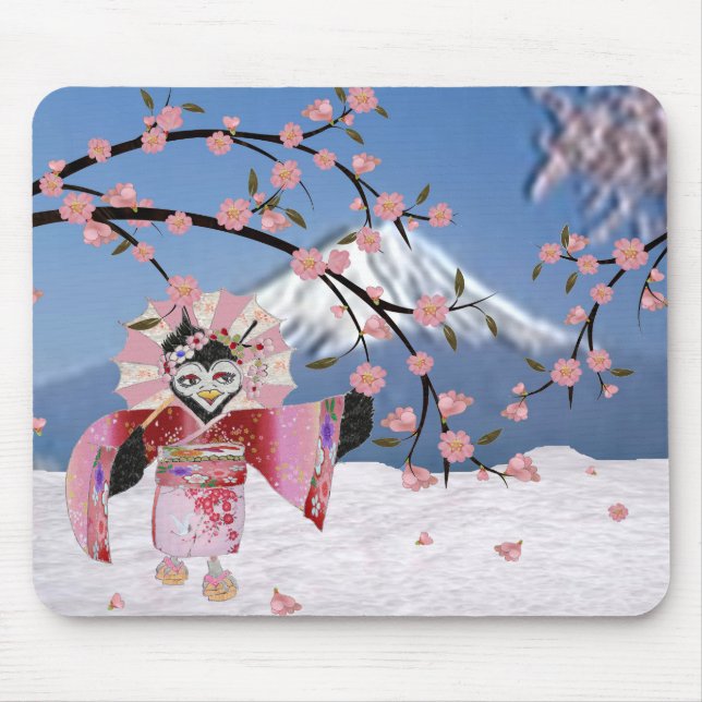 Sakura Geisha Bird in the Snow Cherry Blossoms Mouse Pad (Front)