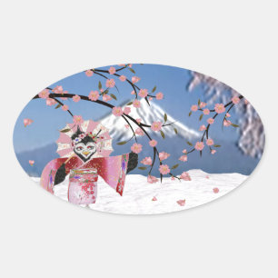 Sakura Geisha Bird in the Snow Cherry Blossoms Oval Sticker