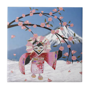 Sakura Geisha Bird in the Snow Cherry Blossoms Tile
