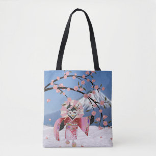 Sakura Geisha Bird in the Snow Cherry Blossoms Tote Bag