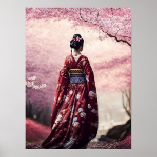Sakura Geisha Throw Pillow Poster