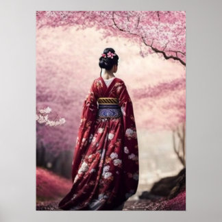 Sakura Geisha Throw Pillow Poster