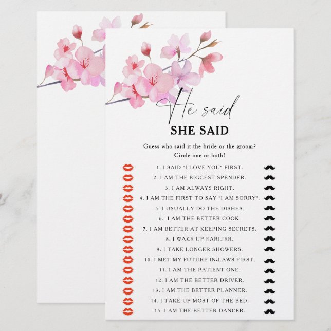 Sakura - He said she said bridal shower game (Front/Back)