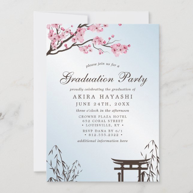 Sakura Japanese Cherry Blossom Graduation Party Invitation (Front)