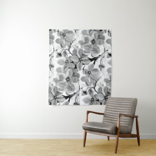 Sakura Japanese Cherry Tree Black and White Tapestry