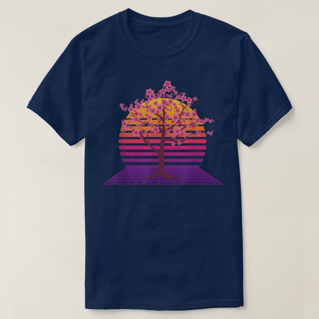 Sakura Japanese Pink Flower Vaporwave Sunset Cherr T-Shirt (Design Front)
