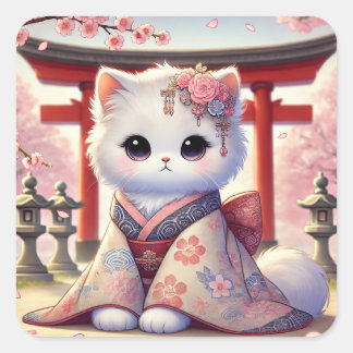 Sakura Kimono Cat in Japan Square Sticker
