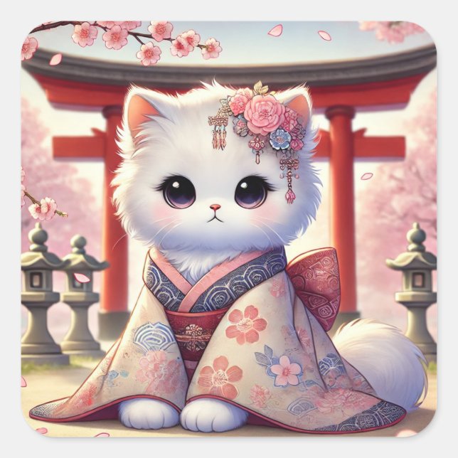 Sakura Kimono Cat in Japan Square Sticker (Front)