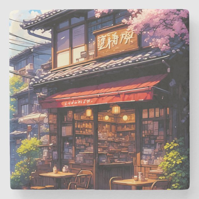 Sakura Kissa  - Cherry Blossom Café Stone Coaster (Front)