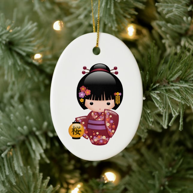 Sakura Kokeshi Doll - Cute Geisha Girl Ceramic Ornament (Tree)