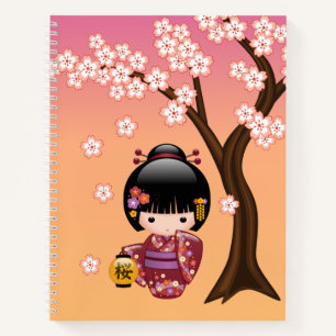 Sakura Kokeshi Doll - Cute Geisha Girl on Peach Notebook