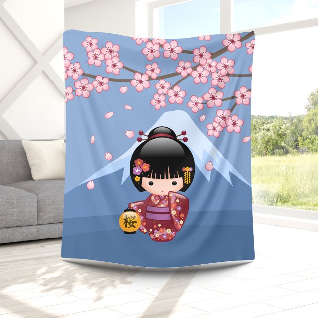 Sakura Kokeshi Doll - Cute Japanese Geisha Girl Fleece Blanket (Creator Uploaded)