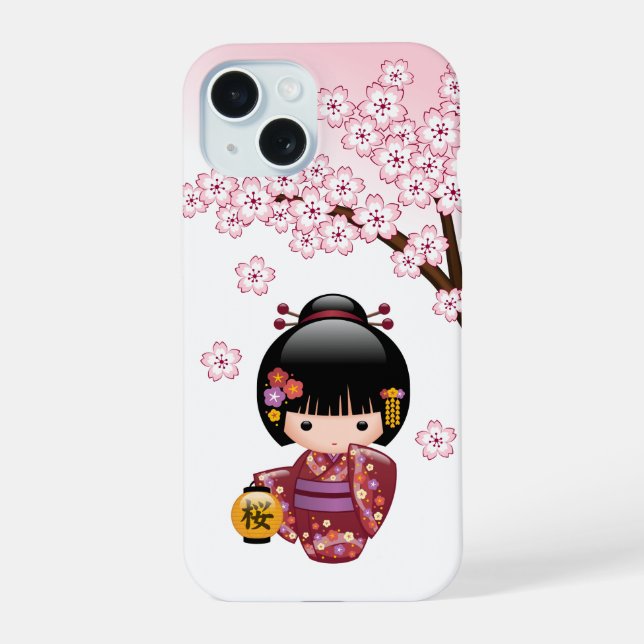 Sakura Kokeshi Doll - Cute Japanese Geisha Girl iPhone 15 Case (Back)