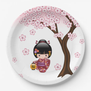 Sakura Kokeshi Doll - Cute Japanese Geisha Girl Paper Plate