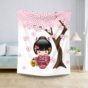 Sakura Kokeshi Doll - Cute Japanese Geisha Girl Sherpa Blanket