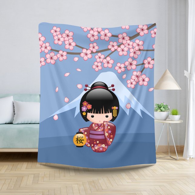 Sakura Kokeshi Doll - Cute Japanese Geisha Girl Sherpa Blanket (Creator Uploaded)