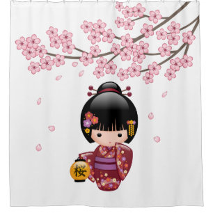 Sakura Kokeshi Doll Geisha Girl Cherry Blossom Shower Curtain