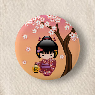 Sakura Kokeshi Doll - Geisha Girl on Peach 6 Cm Round Badge