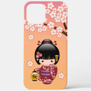 Sakura Kokeshi Doll - Geisha Girl on Peach iPhone 12 Pro Max Case