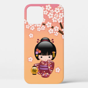 Sakura Kokeshi Doll - Geisha Girl on Peach iPhone 12 Case
