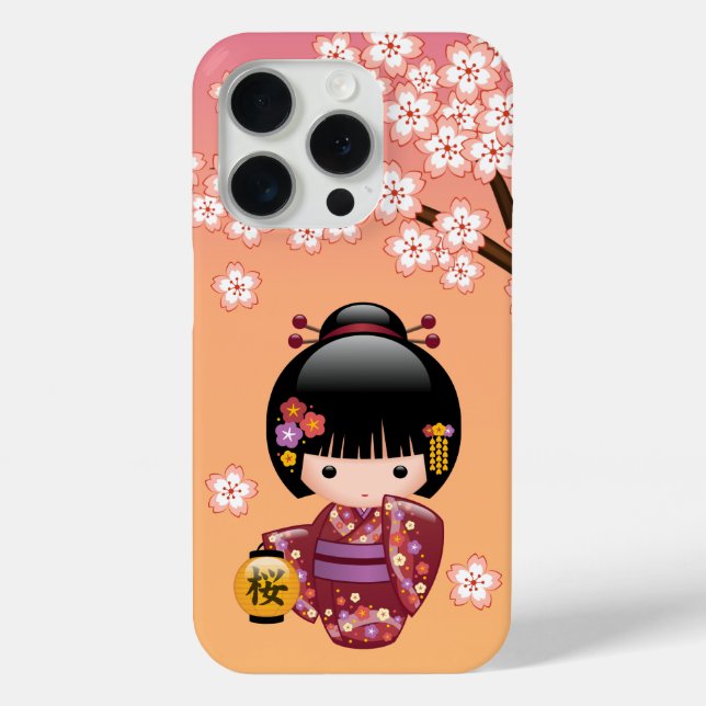 Sakura Kokeshi Doll - Geisha Girl on Peach Case-Mate iPhone Case (Back)
