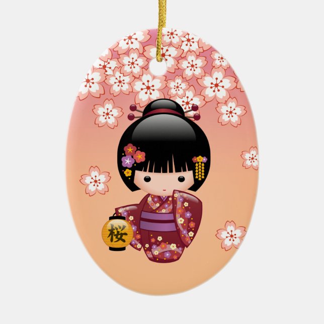 Sakura Kokeshi Doll - Geisha Girl on Peach Ceramic Ornament (Front)