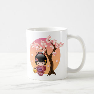 Sakura Kokeshi Doll - Geisha Girl on Peach Coffee  Coffee Mug