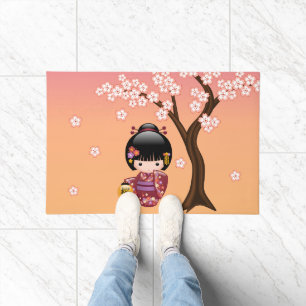 Sakura Kokeshi Doll - Geisha Girl on Peach Doormat