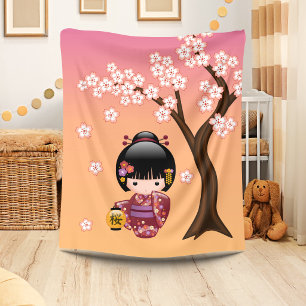 Sakura Kokeshi Doll - Geisha Girl on Peach Fleece Blanket