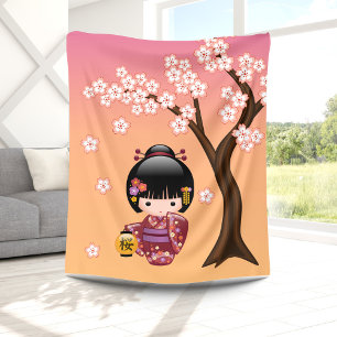 Sakura Kokeshi Doll - Geisha Girl on Peach Fleece Blanket