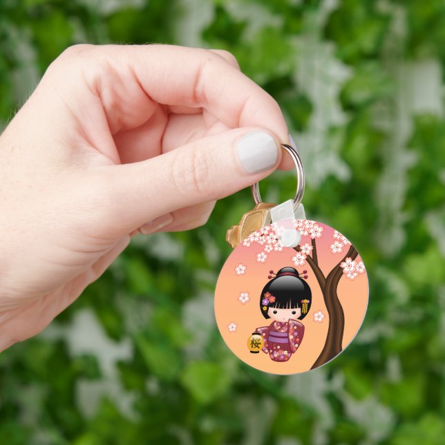 Sakura Kokeshi Doll - Geisha Girl on Peach Key Ring (Hand)