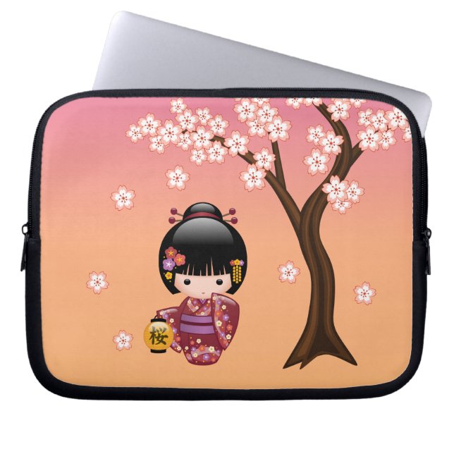Sakura Kokeshi Doll - Geisha Girl on Peach Laptop Sleeve (Front)
