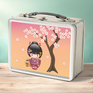 Sakura Kokeshi Doll - Geisha Girl on Peach Metal Lunch Box