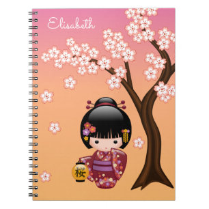 Sakura Kokeshi Doll - Geisha Girl on Peach Notebook