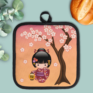 Sakura Kokeshi Doll - Geisha Girl on Peach Pot Holder