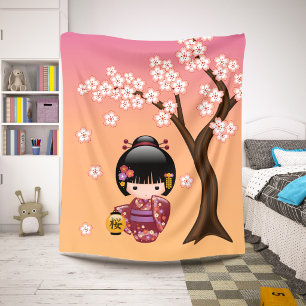Sakura Kokeshi Doll - Geisha Girl on Peach Sherpa Blanket