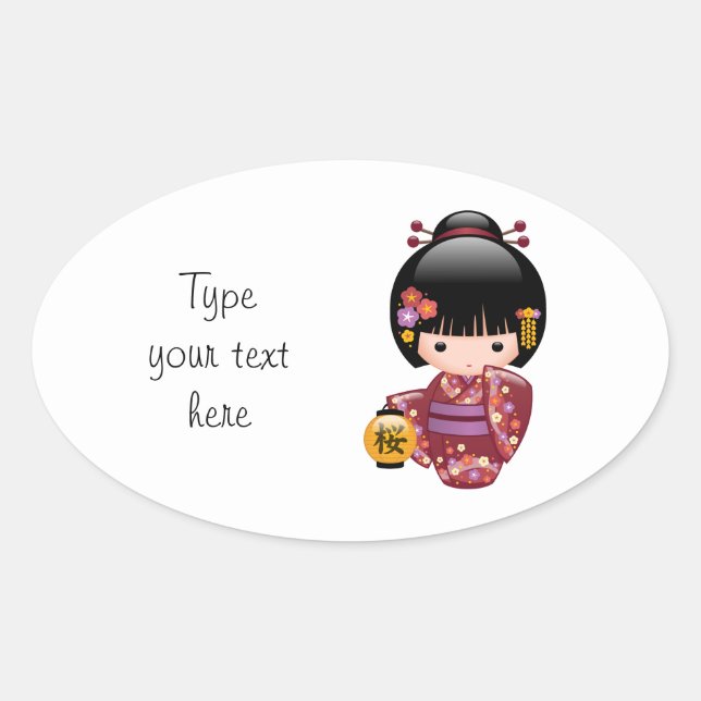Sakura Kokeshi Doll - Geisha Girl on White Oval Sticker (Front)