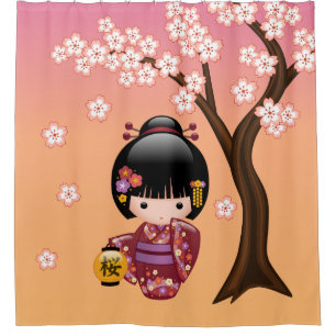 Sakura Kokeshi Doll Geisha Girl on Yellow Shower Curtain